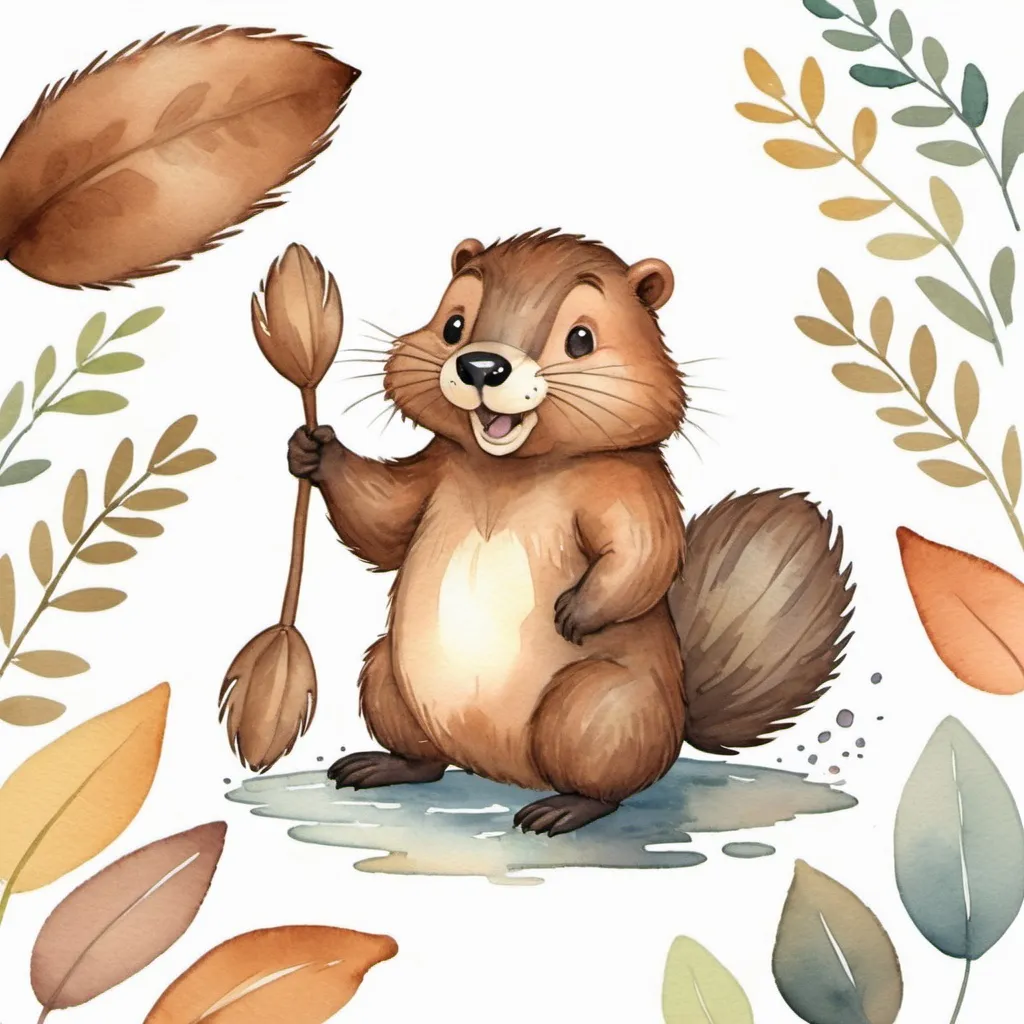 Prompt: strybk, strybk, cute beaver tail showing, kids story book style, muted colors, watercolor style, kids story book style, muted colors, watercolor style