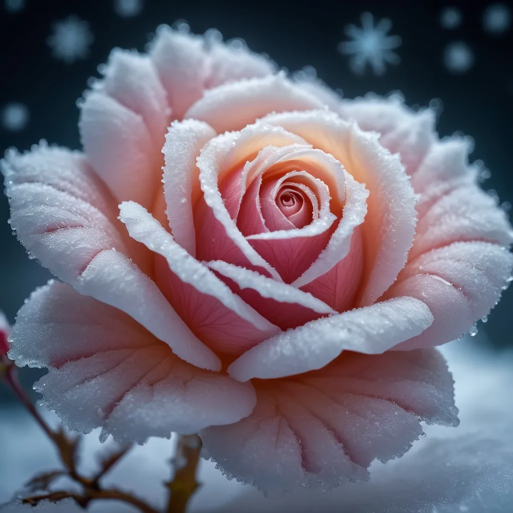 Prompt: ((Arctic exploration)), ((otherworldly)), ((surreal)), ((crystalline formations)), ((shimmering landscapes)), ((ethereal glow)) snowflakes, Miki Asai Macro photography, victorian, renaissance, rococco, bioluminescent,  snow rose, very beautiful rose flower, close-up, hyper detailed, trending on artstation, sharp focus, studio photo, intricate details, highly detailed, by greg rutkowski, Ultra hd, 16k resolution, award winning work 