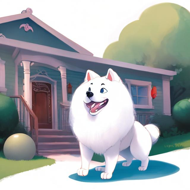 Prompt: Draw in profile, an adult Samoyed dog, with a ball stuck in her mouth, running with a ball in her mouth, very happy, in front of the house, with lots of details, inspired by Disney, Pixar and Dreamworks.