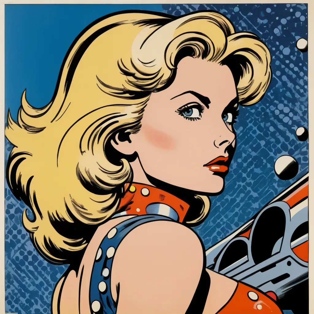 Prompt: barbarella, comic style, side view, halftone, pointlism, bentoism, by roy lichtenstein and jack kirby 