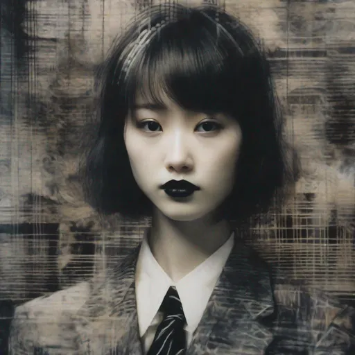 Prompt: yoshitaka amano blurred and dreamy realistic three quarter angle portrait of a young woman with black lipstick and black eyes wearing office suit with tie, david lynch abstract patterns in the background, satoshi kon anime, noisy film grain effect, highly detailed, renaissance oil painting, weird portrait angle, blurred lost edges