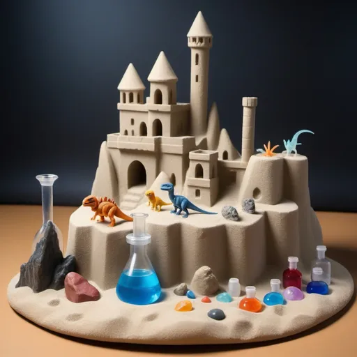 Prompt: sand castle, hardened rocks, crystal velociraptor, tiny vampire, saline water, test tube