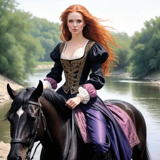 Prompt: Color pencil drawing encapsulates Mara Jade reimagined as a graceful Polish noblewoman from the 1660s, astride a black horse beside the legendary Cossacks, Dnieper river flowing in the background, her full body draped in period attire, long hair cascading, her presence emanates a comic-style charm with a smile that bridges fiction and reality, skin luminescent with the pallor of nobility, mounted centrally as she exudes near perfection, masterpiece echoing the