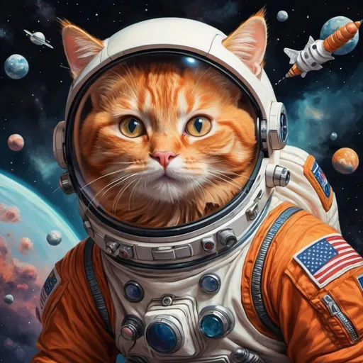 Prompt: "In a galaxy far, far away, a brave orange kitty cat embarks on a daring space mission as an astronaut. The stylistic rendering of this fantastical scene showcases the cat's adventurous spirit, while the complementary colors add a sense of harmony to the piece. With its intricate details and use of deep colors, this 8k resolution artwork is sure to capture the attention of any viewer on Art station, where it is currently trending."