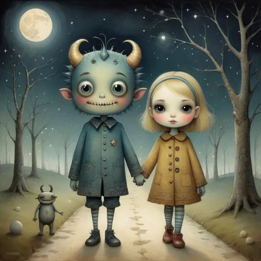 Prompt: Two children taking a cute monster on a walk, twinkling stars, moonlight, sparkle, in the style of Bill Carman