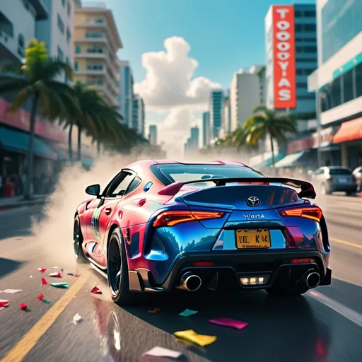 Prompt: bright sunny day beautiful cloudy sky sunset toyota supra mk4 car racing down cyberpunk Miami city streets neon signs and crowds confetti debris dust wind volumetric fog exciting epic action camera, (masterpiece:1.2) (photorealistic:1.2) (bokeh) (best quality) (detailed skin) (intricate) (8k) (HDR) (cinematic lighting) (sharp focus)