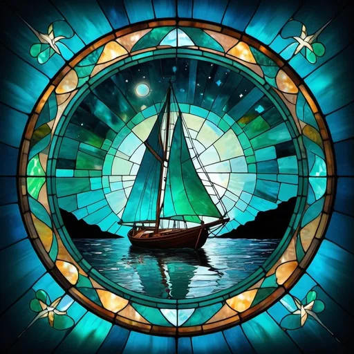 Prompt: sailboat at night starry sky enclosed within a beautiful circle bright shades of turquoise
 st. patrick's stained glass, Broken Glass effect, no background, stunning, something that even doesn't exist, mythical being, energy, molecular, textures, iridescent and luminescent scales, breathtaking beauty, pure perfection, divine presence, unforgettable, impressive, breathtaking beauty, Volumetric light, auras, rays, vivid colors reflects