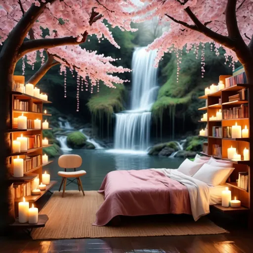 Prompt: A cherry tree forest with bookshelves and fairy lights and candles with a river and waterfall
