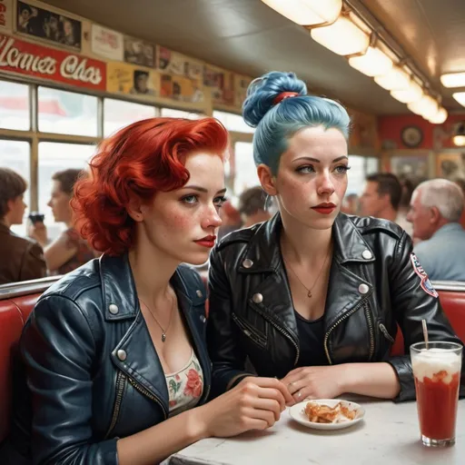 Prompt: a ((badass biker babe woman with blue hair wearing a leather jacket)) sitting next to a ((delicate dainty damsel woman with red hair in a flowery sundress, white skin with freckles)) staring longingly at each other, 

smiling, flirty, beautiful, young,

Art by Nan Goldin, Art by Olivia de Berardinis, 


50s diner, 
milkshake,


American romanticism, whimsical,
femme fatale, 
Dr. Strangelove, 
edgy, 
Norman Rockwell,

atmospheric depth, dappled sunlight, extreme, ultra highly detailed, action painting, perfect face, detailed image in a modern style in ultra HD, 32k,
