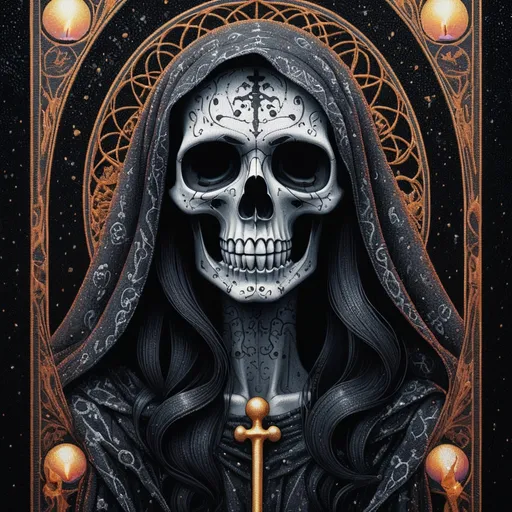 Prompt: « The death » tarot card, blackwork art, pointillism art, high resolution, high details level, soft and mystic ambiance, creative graphism, smooth light gradients