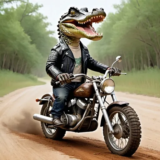 Prompt:  "An alligator wearing a leather jacket riding a motorcycle on a dirt road, digital art"