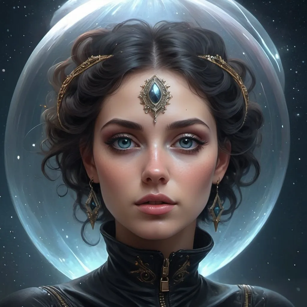 Prompt: Ultra detailed digital art masterpiece, face portrait, mysterious beautiful fairy woman with base jump jumping from spaceship with a parachute, beautiful galaxy sky, sparkling and shiny , Tom Bagshaw, Anne Bachelier, mixed with dark elements, dark environment, very dark night , clean dark velour fairy clothing , no make up, natural face, nose piercing, abstract , big shiny eyes, ultra detailed atmospheric details, beautiful glowing effects , sparkle effects , realistic body proportions , beautiful face proportions, complex masterpiece, wild hair style, creative glowing detailed tattoos, complex physics, enhanced colors, complimentary colors, ultra detailed raytracing reflections, Ultra detailed complex background, environment feels alive, direct eye contact,