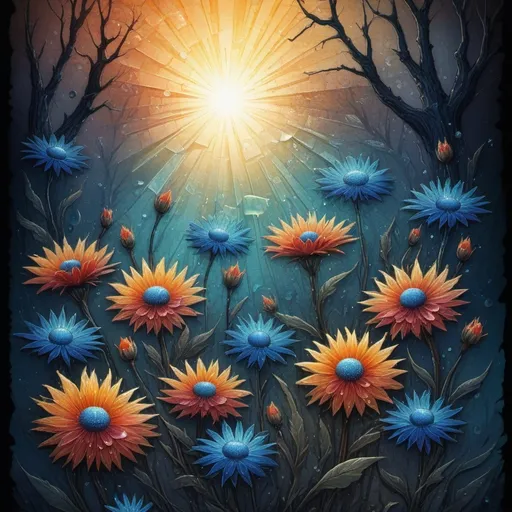 Prompt: summer ,  best quality,   ink painting, acrylic,  cute cornflowers, sunrise,,  by Craola , Dan Mumford, Andy Kehoe, 2d, flat, cute, adorable, vintage, art on a cracked paper, fairytale, storybook detailed illustration, cinematic,  ultra highly detailed  , tiny details,  beautiful details, mystical,  luminism, ,vibrant colors ,  complex background,  , Broken Glass effect, no background, stunning, something that even doesn't exist, mythical being, energy, molecular, textures, iridescent and luminescent scales, breathtaking beauty, pure perfection, divine presence, unforgettable, impressive, breathtaking beauty, Volumetric light, auras, rays, vivid colors reflects