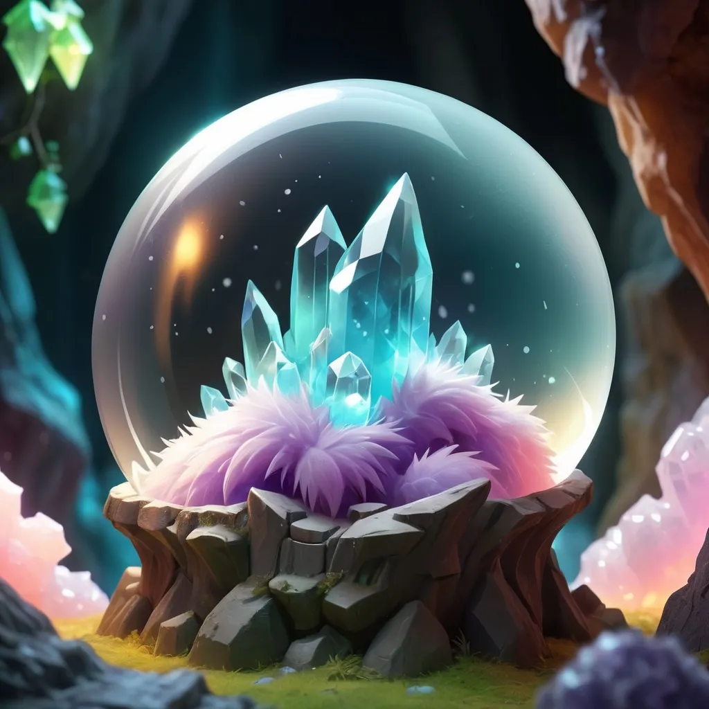 Prompt: Fluffy cute crystal ball glowing with magical energys and oozing with fluffs, background crystal cave,