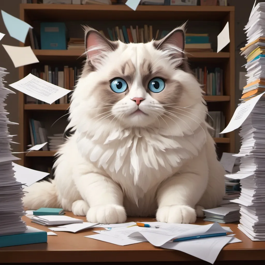 Prompt: Plump Van Ragdoll cat with oversized innocent eyes, Pixar-style digital painting, engaging human-like with a computer screen filled with code, surrounded by a colossal desk cluttered with scattered papers, fur lush, multiple stacks of paper towering on the desk, ultra fine, digital painting, scattered papers, cinematic.