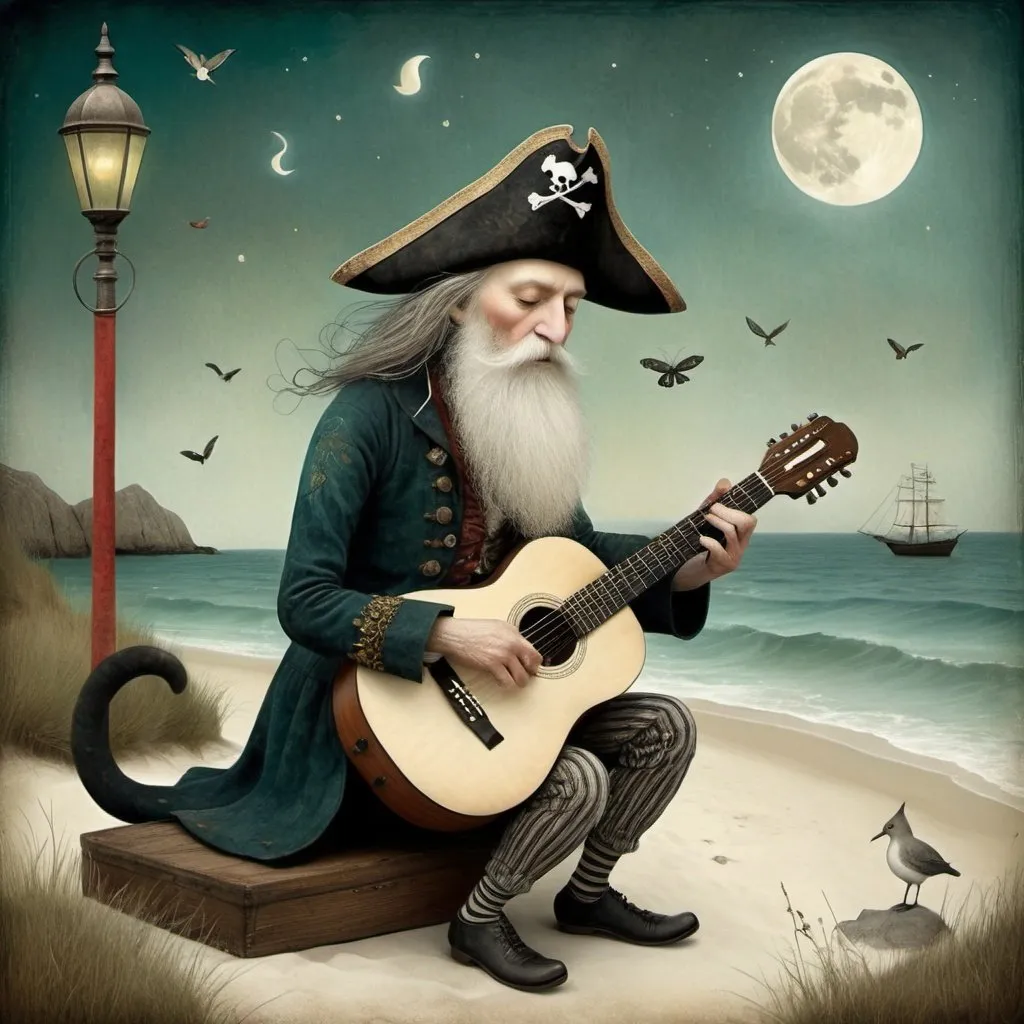 Prompt: Style by Gabriel Pacheco, Catrin Welz-Stein, Dee Nickerson, Kathleen Lolley, Tara McPherson, The wandering old mythical pirate wizard plays a whimsical tune on his guitar, by the sea moonlight, the animals listen, whimsical, Vivid colors, beautiful, dreamy. 