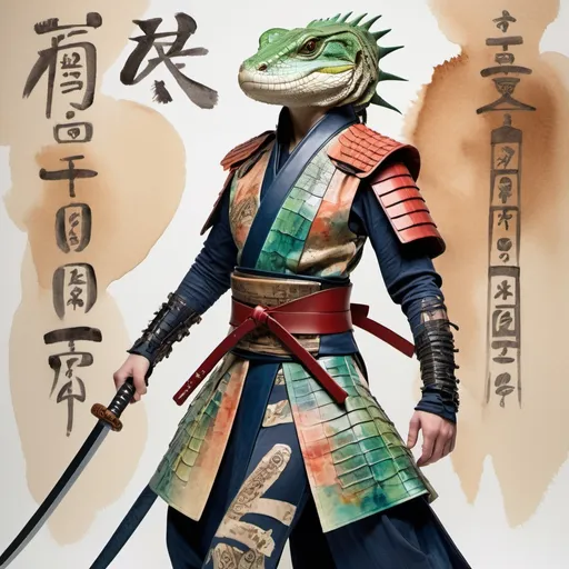 Prompt: Create a stunning fashion portrait: A stylish LIZARD/SAMURAI model in a flowy (random color:0.7)/(random color:1.4), (alligator leather armor),  wielding katana in each hand, adorned with clear printed glyphs emblazoned  hieroglyphs hieroglyphic symbols. Fashion show (BACKGROUND), (ENERGY:1.3),molecular. Watercolor, studio photo, by Greg Rutkowski.