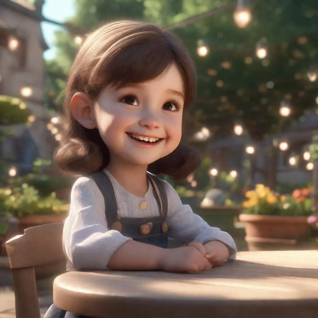 Prompt: Cute adorable tiny girl smiling greeting me, unreal engine, she is seated, outdoor garden lighting, art station, detailed digital painting, cinematic, character design by mark ryden and pixar, unreal 5, daz, hyper realistic.