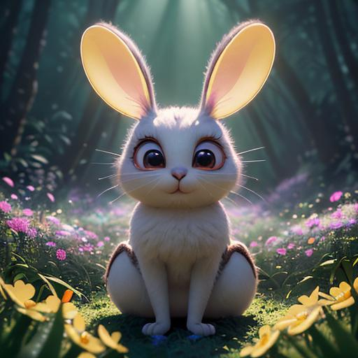 Prompt: Disney Pixar style Bad Bunny, highly detailed, intricate, big eyes, adorable, beautiful, soft dramatic lighting, light shafts, radiant, ultra high-quality octane render, daytime forest background, field of flowers,  bokeh, hypermaximalist