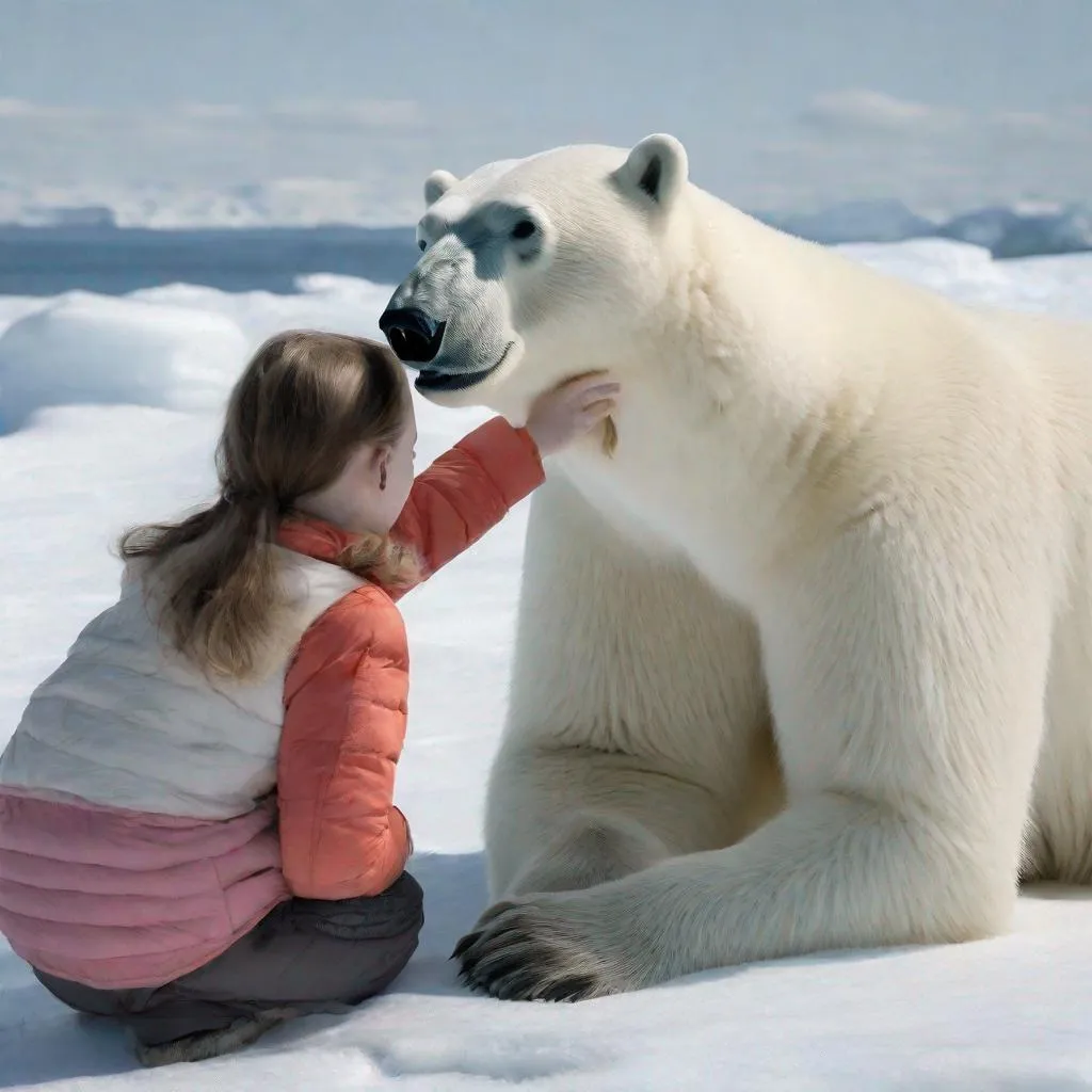 Prompt: a girl petting at polar bear

