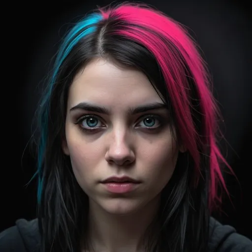 Prompt:  Young goth woman's portrait in black ink with complementary colours, grunge style; dynamic,
Modifiers:
Nikon D850 sharp focus extremely detailed Award winning photography studio lighting beautiful award winning high definition crisp quality Unreal Engine colourful VRay John William Waterhouse Volumetric lighting Ambient occlusion High Octane Render Devon Rodriguez comic noir inkwash