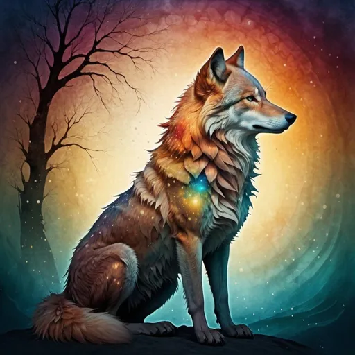 Prompt: mesmerizing HDR digital art in the style of Andy Kehoe, gradient masterpiece featuring a captivating beauty with a majestic wolf, shiny silky ginger hair, muslin, blown by the wind, embodies perfection, iridescent, opalescent, luminism, sharp focus, ultra-detailed fairytale storybook, close-up, illustration, seamlessly blending watercolor and  ink elements, UHD, perfect curved line composition, cinematic, magic realism, chiaroscuro, bright lighting, intricate background with vibrant  ink splatters, seamlessly integrated vintage script paper, deep faded and muted triadic colors, beyond the realm of reality, 32k, Broken Glass effect, no background, stunning, something that even doesn't exist, mythical being, energy, molecular, textures, iridescent and luminescent scales, breathtaking beauty, pure perfection, divine presence, unforgettable, impressive, breathtaking beauty, Volumetric light, auras, rays, vivid colors reflects