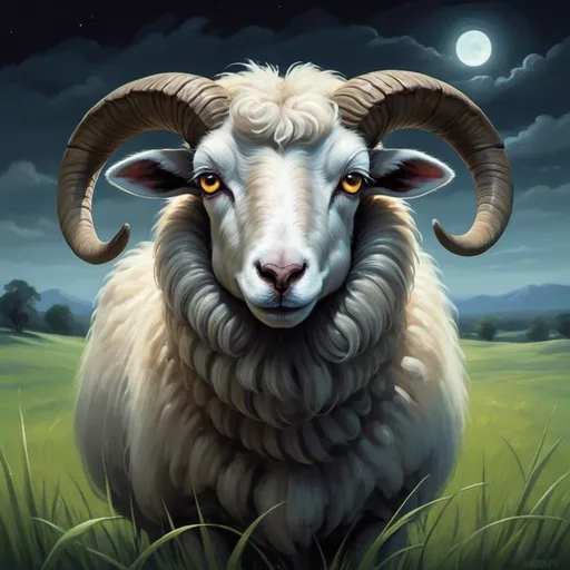 Prompt: Create a closeup oil painting of a cartoon-like spectral sheep with the characteristics of the Grim Reaper, standing on a grassy field. This depiction should show the spectral sheep in high fidelity, revealing its sharp, distinct features and conveying a clear night setting. The details of the fur, glowing eyes, and the grass beneath should be visible, adding to the overall eerie ambience of the image.