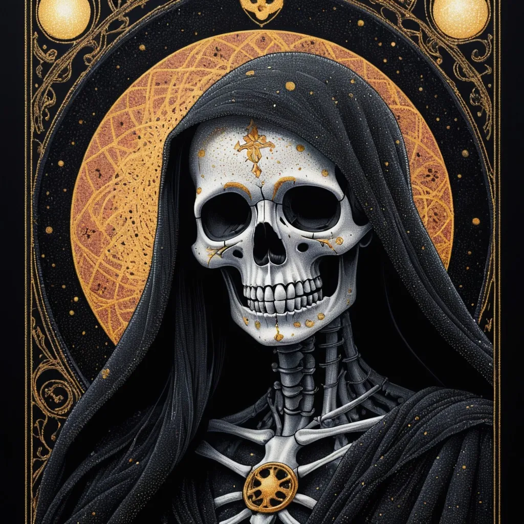 Prompt: « The death » tarot card, blackwork art, pointillism art, high resolution, high details level, soft and mystic ambiance, creative graphism, smooth light gradients