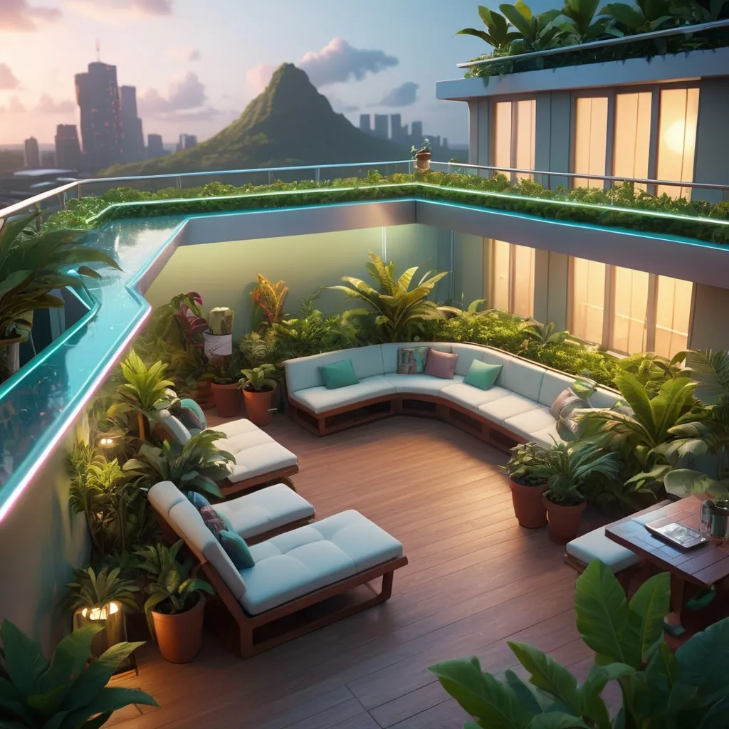 Prompt: futuristic, apartment rooftop terrace garden, chillwave, solarpunk, tropical island, ultra detailed, cinematic lighting, photorealistic, realistic details, wide view