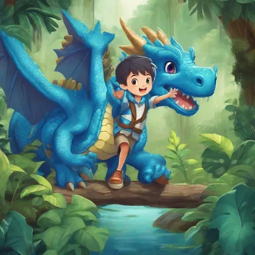 Prompt: a boy is waving hello and his cute blue dragon adventure into the jungle