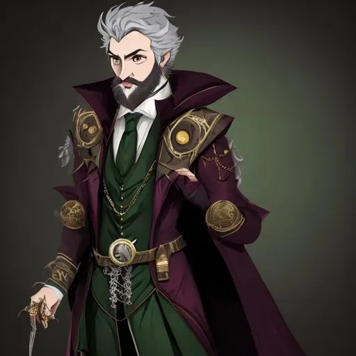 Prompt: full body, arcane sorcerer, handsome male, short green colored hair, stubble beard,  high magic medieval noble, fantasy character for dungeons and dragons, grey colored pupils, using a maroon three piece suit with gold details and a pocket watch.
