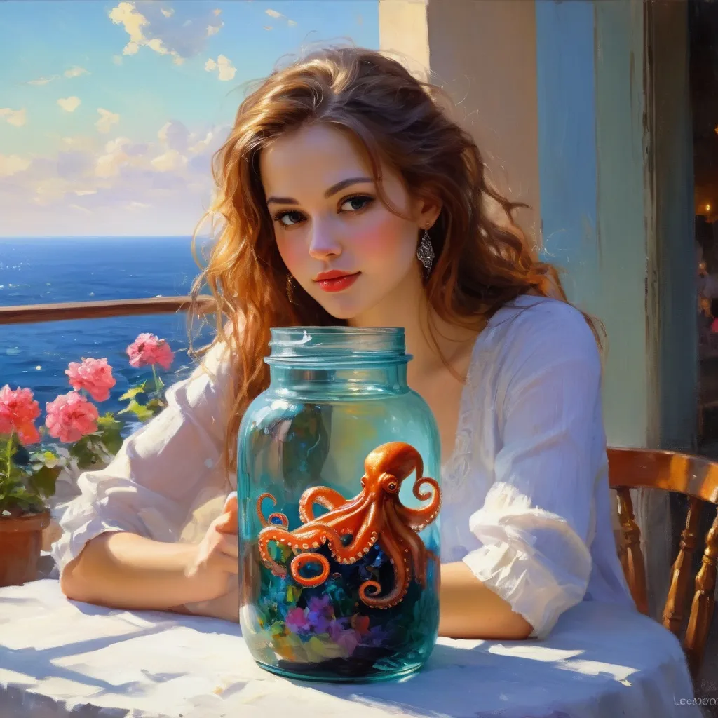 Prompt: (Painting )Galaxy Environment, Moody, Little Octopus in a Magic Jar of Unviable Dream, 8K, Vivid, Ultra Detail | | | | | | |, Color lighting, Surreal photography, portrait(, painting in the style ( (Konstantin Razumov)), Konstantin Razumov, Eduard Leon Cortes, Garmash, Mikhail Garmash, Vladimir Volegov, Volegov, On the terrace, Mikhail Garmash and, based on Mikhail Garmash, Style Pino Daeni)