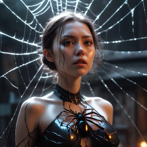 Prompt: anthropomorphic Arachnid woman, gothic, style of Sui Ishida, Guweiz, Bo Bartlett, ilya kuvshinov, cinematic shot, angry, ultrarealistic, magical vibes, dreamy, luminescent particles, highly detailed, hdr, 8k uhd, sharp focus, dynamic composition, incredibly detailed, spider web, Broken Glass effect, no background, stunning, something that even doesn't exist, mythical being, energy, molecular, textures, iridescent and luminescent scales, breathtaking beauty, pure perfection, divine presence, unforgettable, impressive, breathtaking beauty, Volumetric light, auras, rays, vivid colors reflects