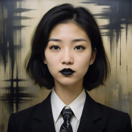Prompt: yoshitaka amano blurred and dreamy realistic three quarter angle portrait of a young woman with black lipstick and black eyes wearing office suit with tie, david lynch abstract patterns in the background, satoshi kon anime, noisy film grain effect, highly detailed, renaissance oil painting, weird portrait angle, blurred lost edges