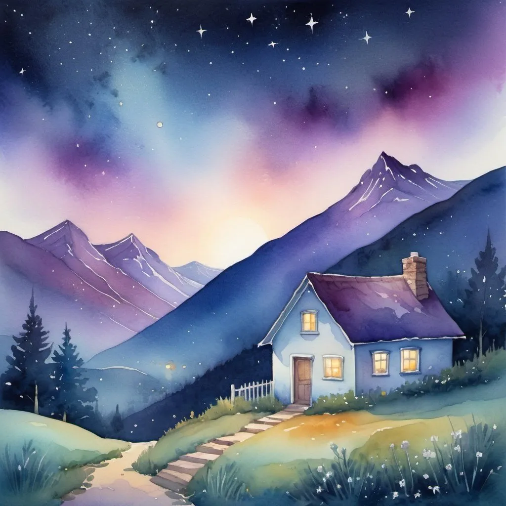 Prompt: Watercolor painting of a quaint cottage nestled in a valley, distant mountain peak ascending majestically under a starry night sky, glowing window revealing silhouette of boy gazing upward, twinkling stars, soft gradients of night blues and purples, texture of watercolor paper, whimsical, ultra fine, illusion engine.