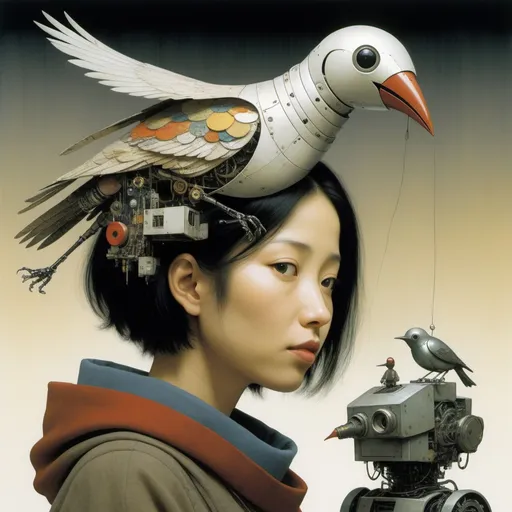 Prompt: a naive woman with a memory that survives the reset of the world, and a small robot bird on her shoulder, collage artwork by dave mckean and yoshitaka amano