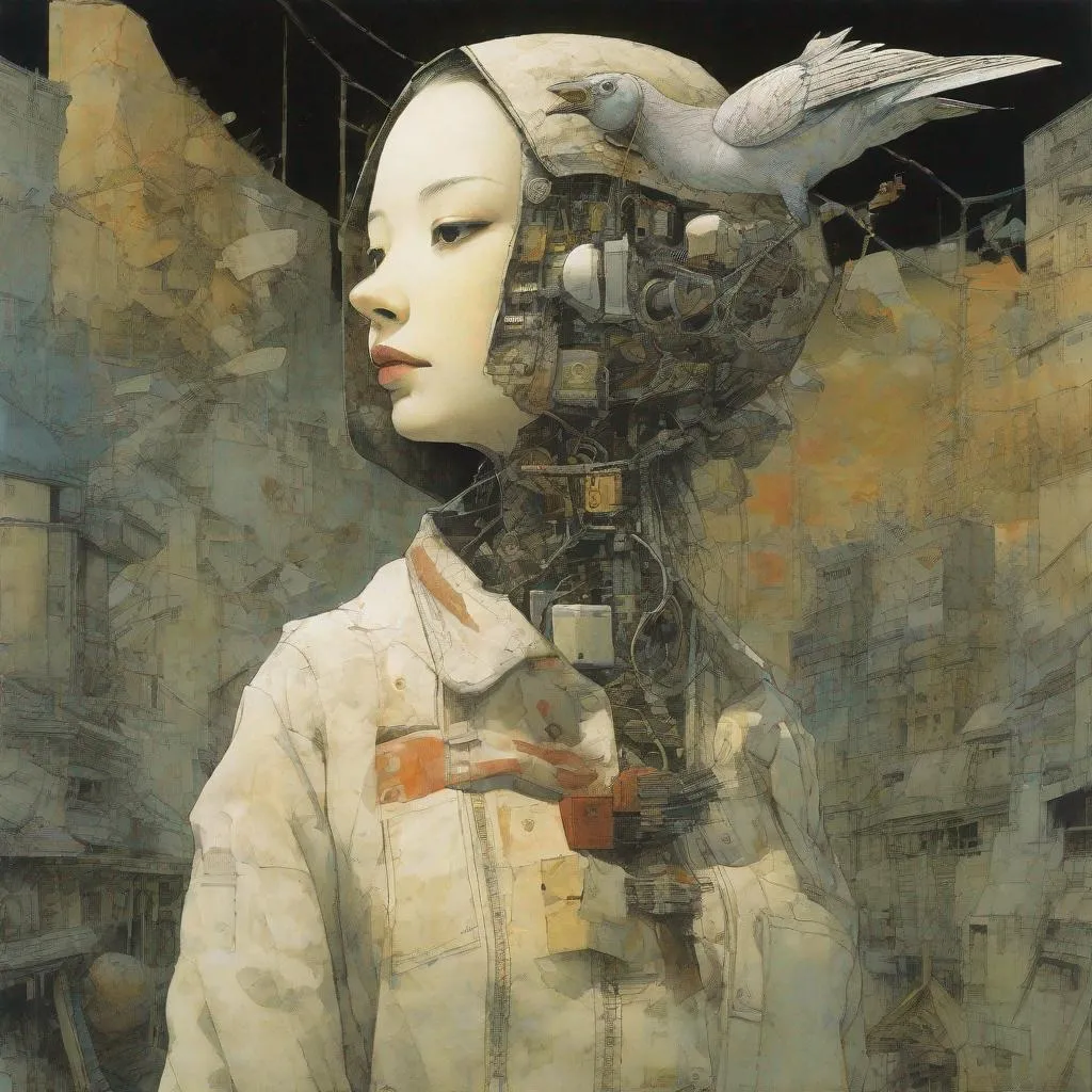 Prompt: a naive woman with a memory that survives the reset of the world, and a small robot bird on her shoulder, collage artwork by dave mckean and yoshitaka amano