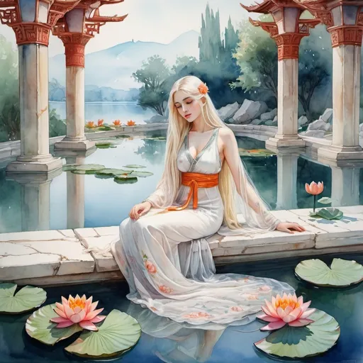 Prompt: in the center passionate girl athenian goddess with beautiful, white long hair, in a very long transparent chinese traditional dress, there are elegant large jugs with carvings, lies on cold marble glass slabs, with a persian pillow that reflects the lake below under the slabs. It is so transparent. Around water lilies with orange large flowers. Art, delicate colors of watercolor, soft lighting, watercolor, beautiful, medieval castle clinging vines, 