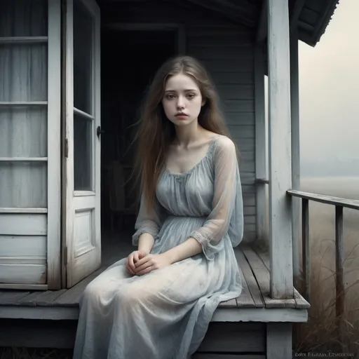 Prompt: A very beautiful dreamy ghostly young lady, very pretty face, remains alone and eternally sad  waiting, sitting in her porch for her long lost love to return art by Daria Endresen, John Reuss, Lin Fengmian, Robert Ryman, Elger Esser, Rimel Neffati. 3d, watercolors and ink, beautiful, fantastic view, extremely detailed, intricate, best quality, highest definition