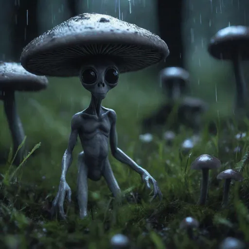 Prompt: a grey alien , big eyes blacks , mushrooms, grass, nigth , forest rain, hyperrealist ,poor light digitalphoto 4k --s 50