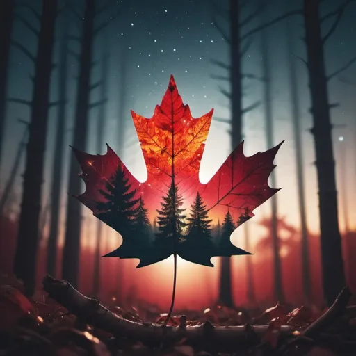 Prompt: Double exposure. Maple Leaf. Sunrise over forests. Colorful with lots of  crimson and gold. Stars. Crystals. Light particles. Artistic and Beautiful. Andreas Lie. Luke Gram. Brandon Kidwell, Dan Mountford. Artstation. Sharp focus. Vibrant. Dark and moody