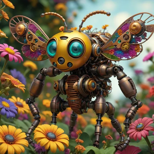 Prompt: an ultradetailed digital art, depicting a robotic bee meticulously crafted from an array of colorful flowers, steampunk-inspired with intricate mechanical parts visible, set against a lush, natural backdrop, in the style of Karl Blossfeldt, 8K resolution, vibrant and lively, trending on ArtStation, a harmonious blend of technology and organic beauty.