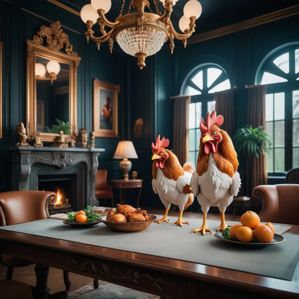 Prompt: impressive luxury residence combining the styles of metaphorical chicken and mystical fox, professional photography, cinematic lighting, unsplash