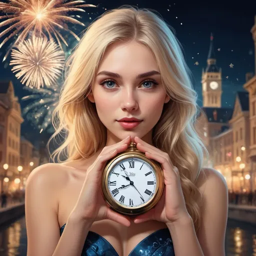 Prompt: half body of a  beautiful woman, blond long hair face in the camera wear a party dress, she holds in her hands a big clock shows exact the time 11:55 p.m, perfect humans hands and fingers, new years evening city night background with fireworks, , digital painting, ultra sharp focus, winter landscape background, perfect hands and fingers, cute, adorable, fairytale, storybook detailed illustration, cinematic, ultra highly detailed, tiny details, beautiful details, mystical, luminism, vivid colors, Mysterious