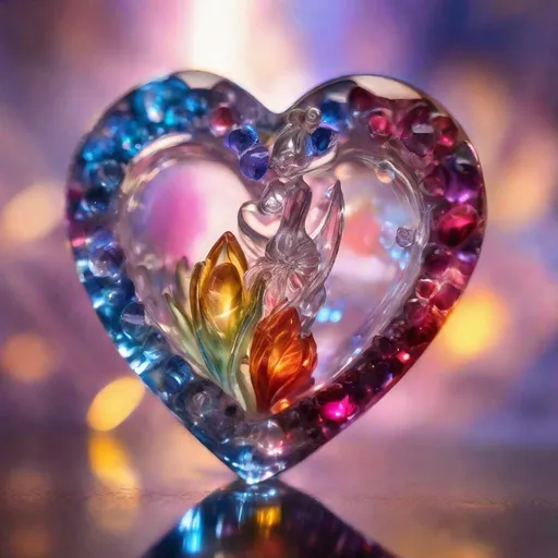 Prompt: macro photo, sparkling magical fantasy magic figurine in a heart vir, made of transparent multi-colored glass gemstones (heart, crystals, translucent), vertical, tulips, light breaks through them magical artifact, highly detailed, amazing quality, intricate cinematic light, high detail, beautiful, surreal, dramatic, warm colors<lora:Dreamyvibes artstyle SDXL - trigger with Dreamyvibes artstyle:1> Dreamyvibes Artstyle, Mysterious