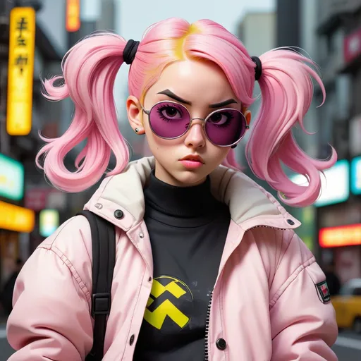 Prompt: illustration of a young woman with pink hair in two pigtails, comic style ((tokyo ghost, sean murphy)), oval shaped sunglasses ((white framed)), puffy oversized yellow jacket, pastel goth, black combat boots, dynamic pose, detailed, stylized, 3d urban background