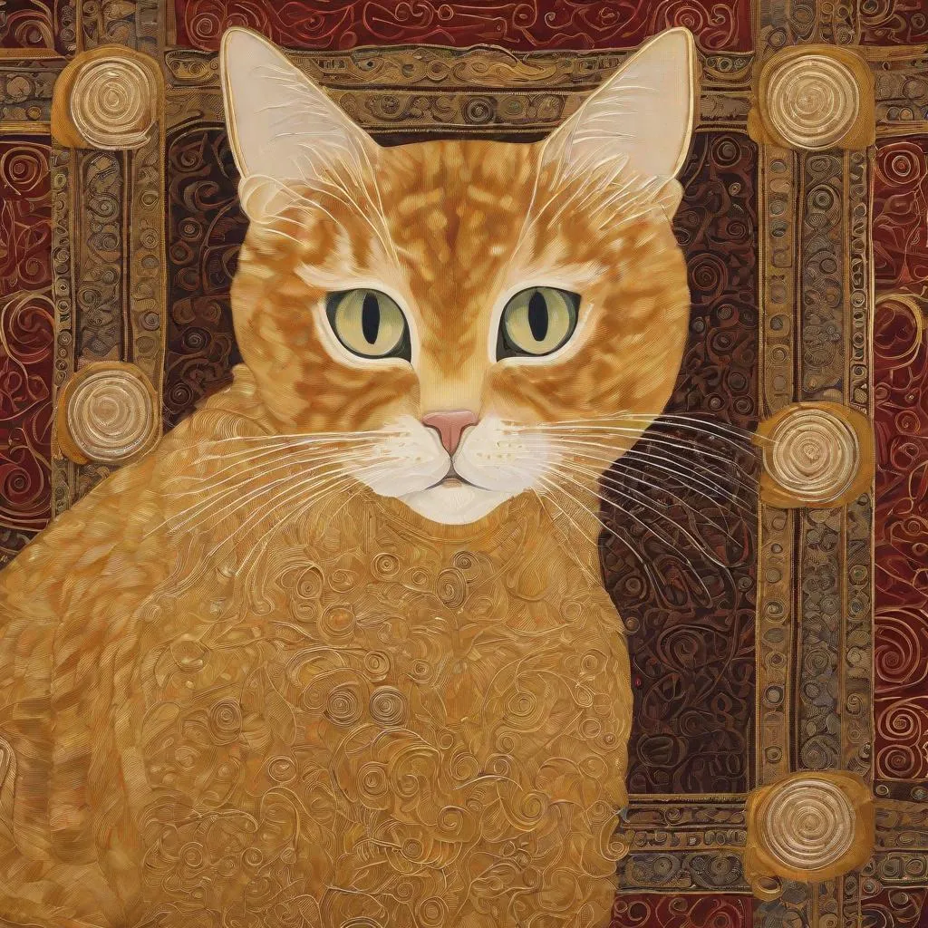 Prompt: Gustav Klimt style. A portrait of a beautiful gold-colored cat with large, detailed and focused honey-colored eyes, sitting looking at the camera sitting on a highly embroidered red cushion and all in the style of Gustav Klimt.