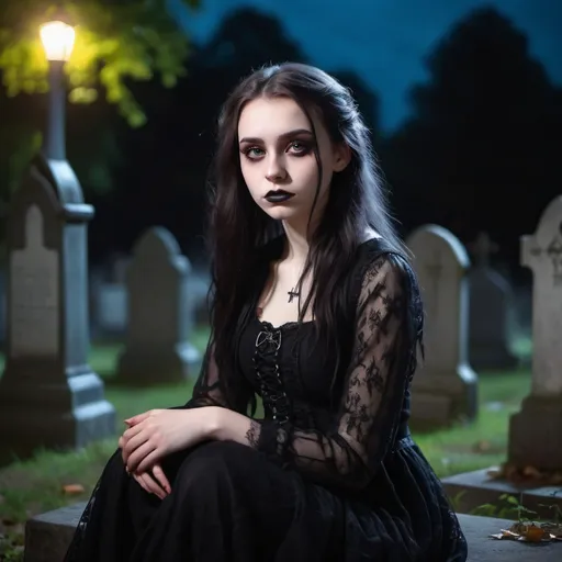 Prompt: a stunning young gothic girl sitting in the graveyard, hyper-realistic, photographic portrait, bokeh at night