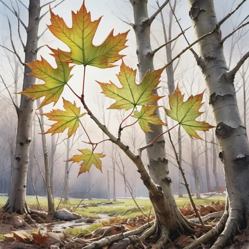 Prompt: Maple grove awakening to spring, watercolor style as if trending on ArtStation, sharp focus on the emerging buds, created by Greg Rutkowski, set within a studio photo environment, featuring intricate details of bark and leaf veins, highly detailed, studio lighting, ultra fine textures, Greg Rutkowski signature style.