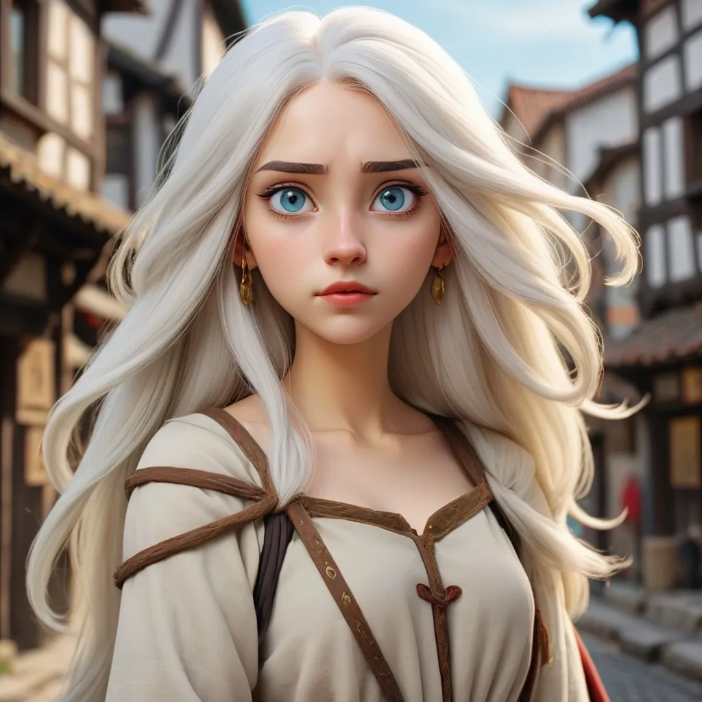 Prompt: beautiful 20 year old women with white hair, white eyebrows, light skin, realistic, ultrarealistic, high quality art, bright eyes, long hair, beauty, real, long hair, symmetrical, anime wide eyes, fair, delicate, medieval, standing on a busy street of an ancient city